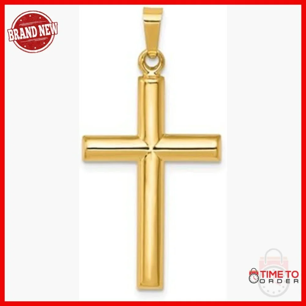 14K Gold Cross Pendant, Tube Style for Layering, 1.75 Inch